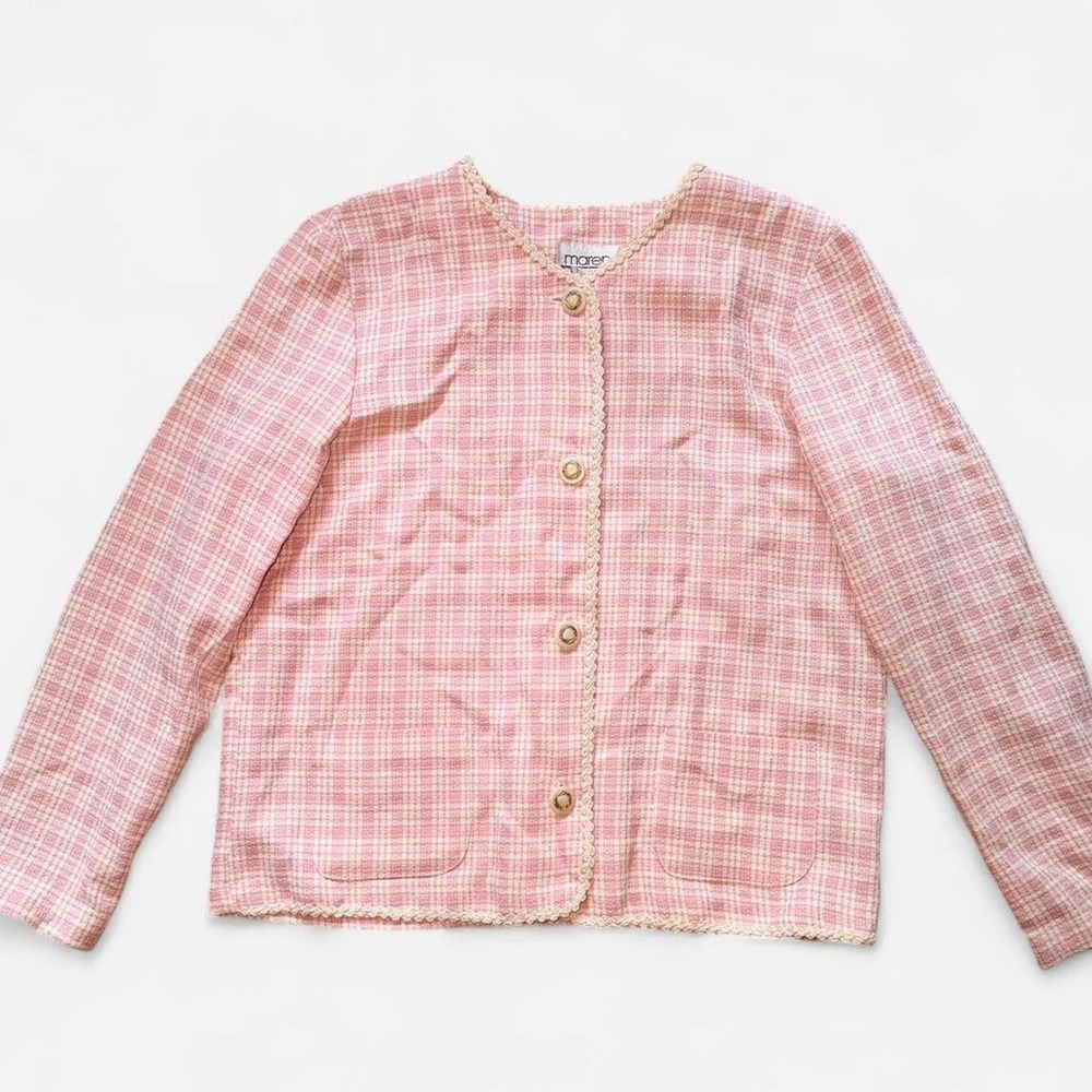 Maren Vintage Pink Plaid Tweed Jacket Scalloped Trim Gold Button Medium USA Made